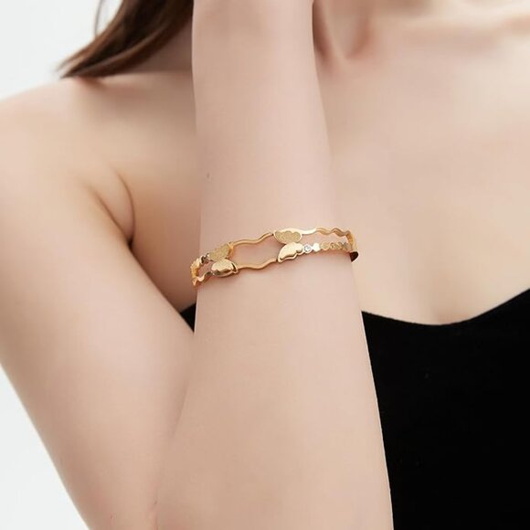 Gold Plated Stainless Steel Butterfly Bangle Bracelet - Picture 3 of 5